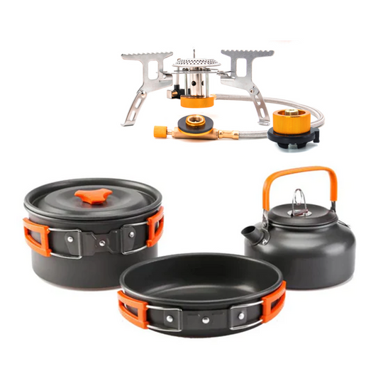 Campingkit med gasstormkök, kastrull, stekpanna och kaffepanna