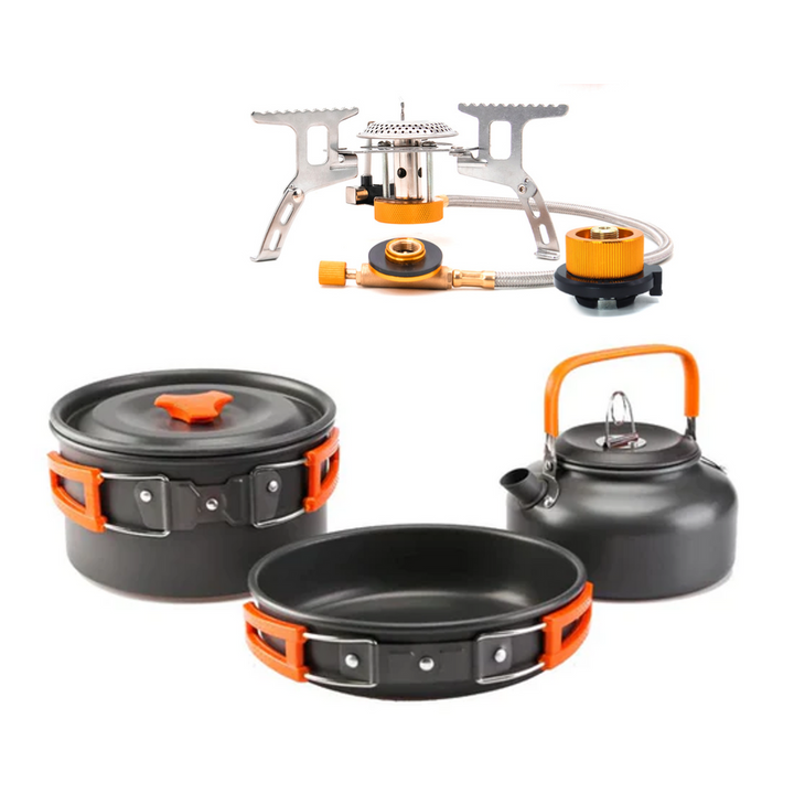 Campingkit med gasstormkök, kastrull, stekpanna och kaffepanna