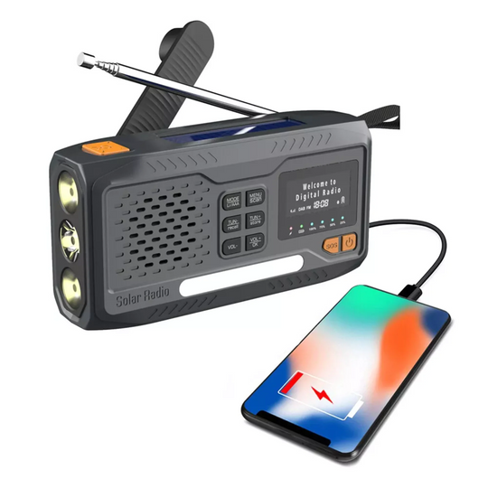 Nödradio 4 500 mAh med AAA-batterifack, solcell och lampa laddar en mobil