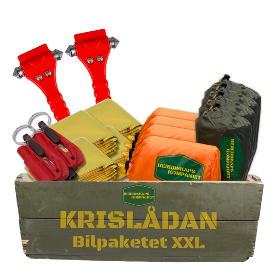 Krislåda bilpaket XXL med två glashammare, bivy bags och värmefiltar