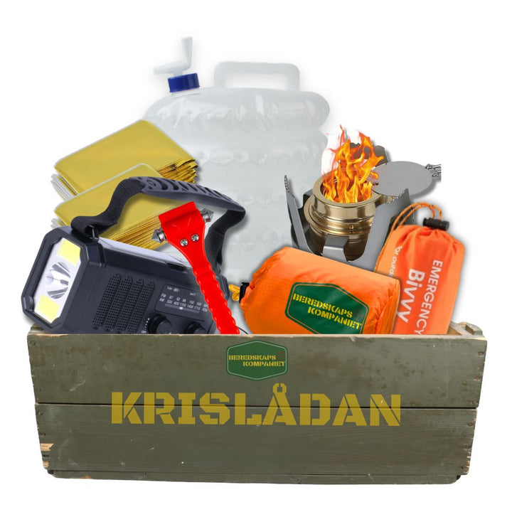 Krislåda XL med nödradio, vattendunk, stormkök och nödsovsäckar