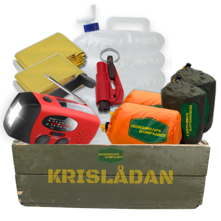 Krislåda Medium med nödradio, vattendunk, nödsovsäckar och värmefiltar