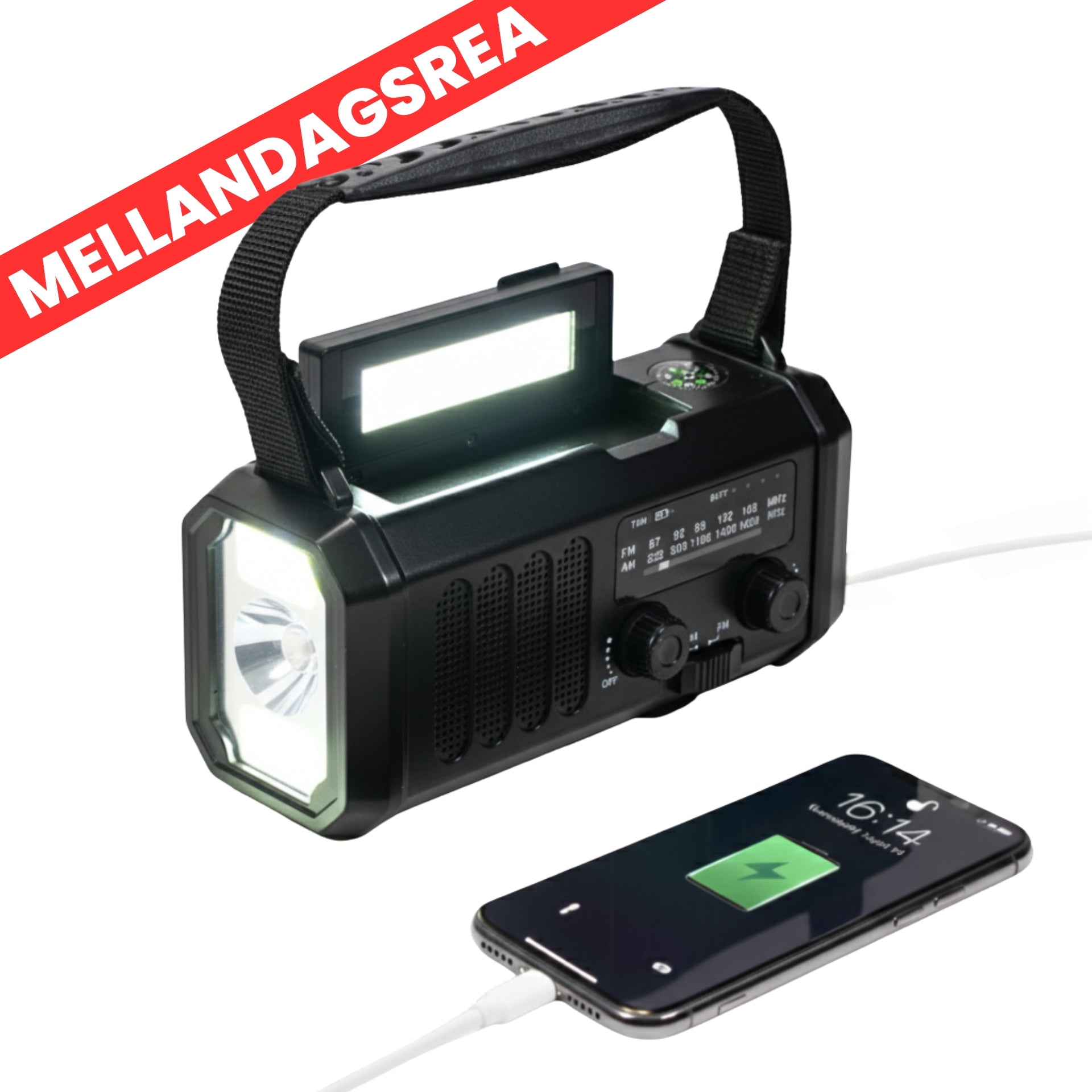 Nödradio - 10,000mAh inbyggd Powerbank, Lampa och Vevgenerator