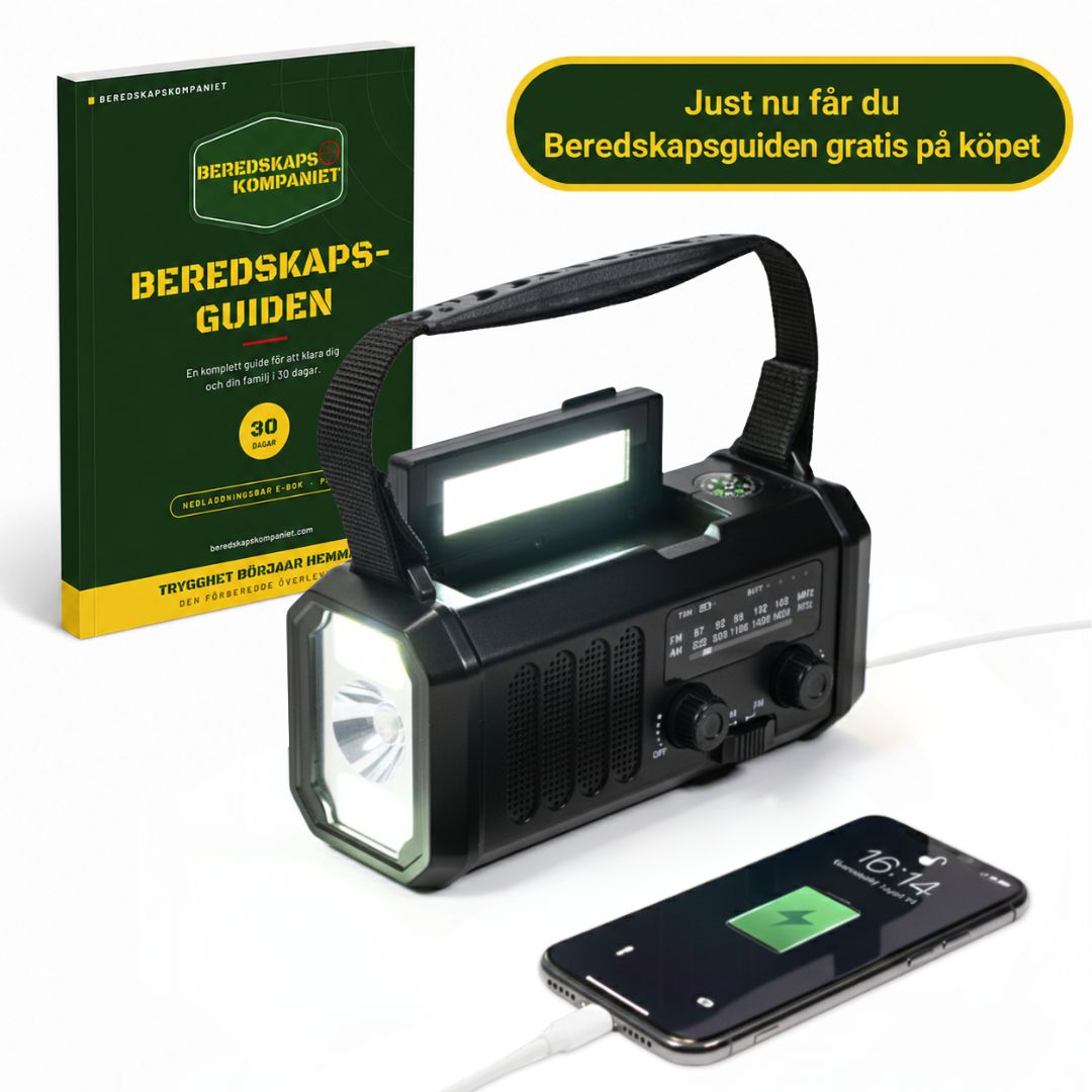 Nödradio - 10,000mAh inbyggd Powerbank, Lampa och Vevgenerator