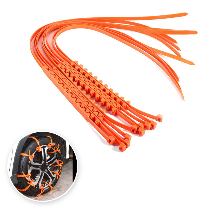 Orange halkskydd av plast med räfflad greppyta och zip-lås, med en liten rund bild av banden monterade på ett bilhjul