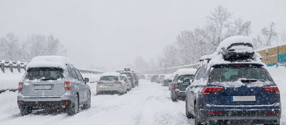 Bilkö på snötäckt motorväg i snöstorm