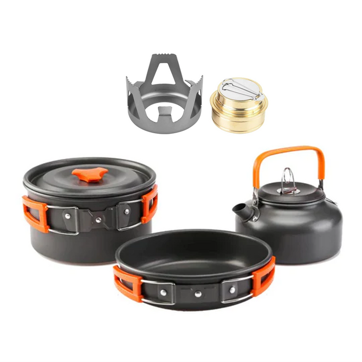 Campingkit med spritkök, vindskydd, kastrull, stekpanna och kaffepanna