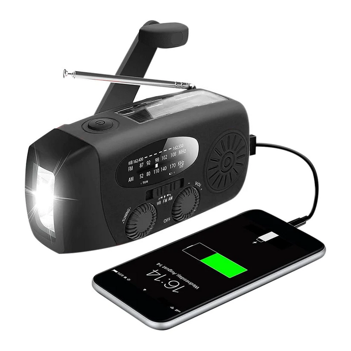 Svart nödradio 2000 mAh med vev, ficklampa och solcell laddar en mobil